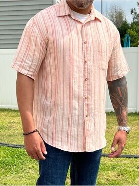 JoS A. Bank Men's Short-Sleeve Orange & Cream Striped Linen Button-Up Shirt Sz L